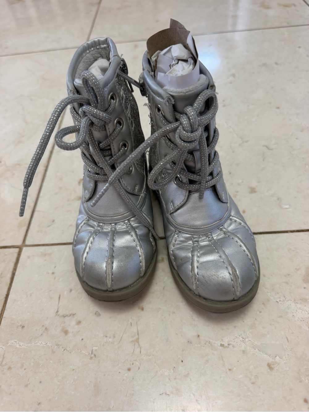 Kids Silver Lace-Up Duck Boots